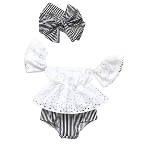3-piece Black and White eyelet and striped set