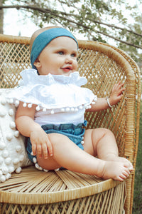 3-piece Blue and White Denim Pom Pon set