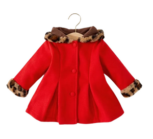 Red wool blend coat with leopard print accent