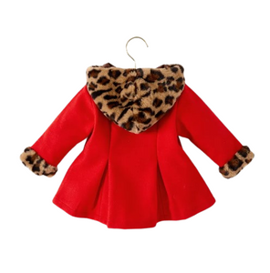 Red wool blend coat with leopard print accent